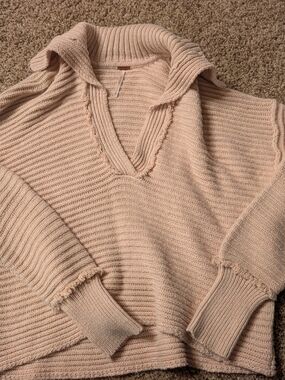 Free People Collared V-Neck Ribbed Sweater in Blush